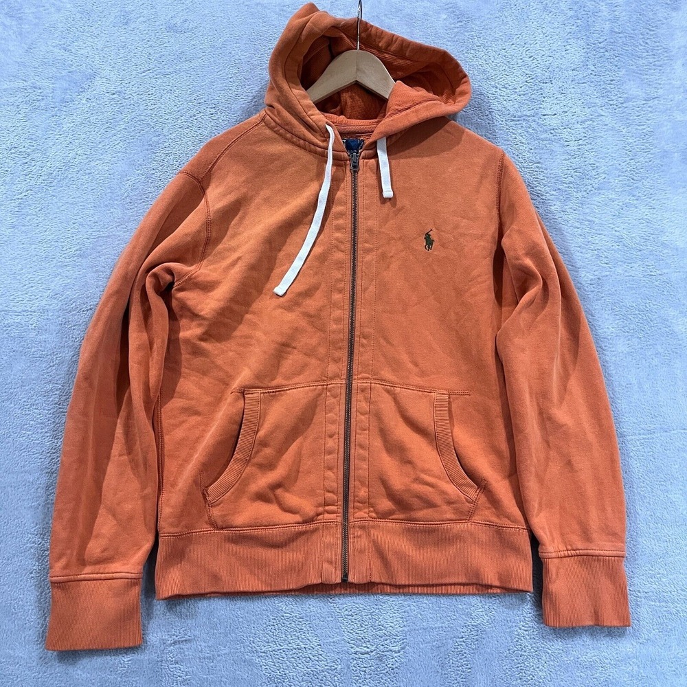 Vtg Polo Ralph Lauren Hoodie Mens M Orange Jacket Full Zip‎ Fleece  Y2K